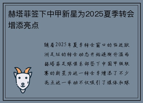 赫塔菲签下中甲新星为2025夏季转会增添亮点